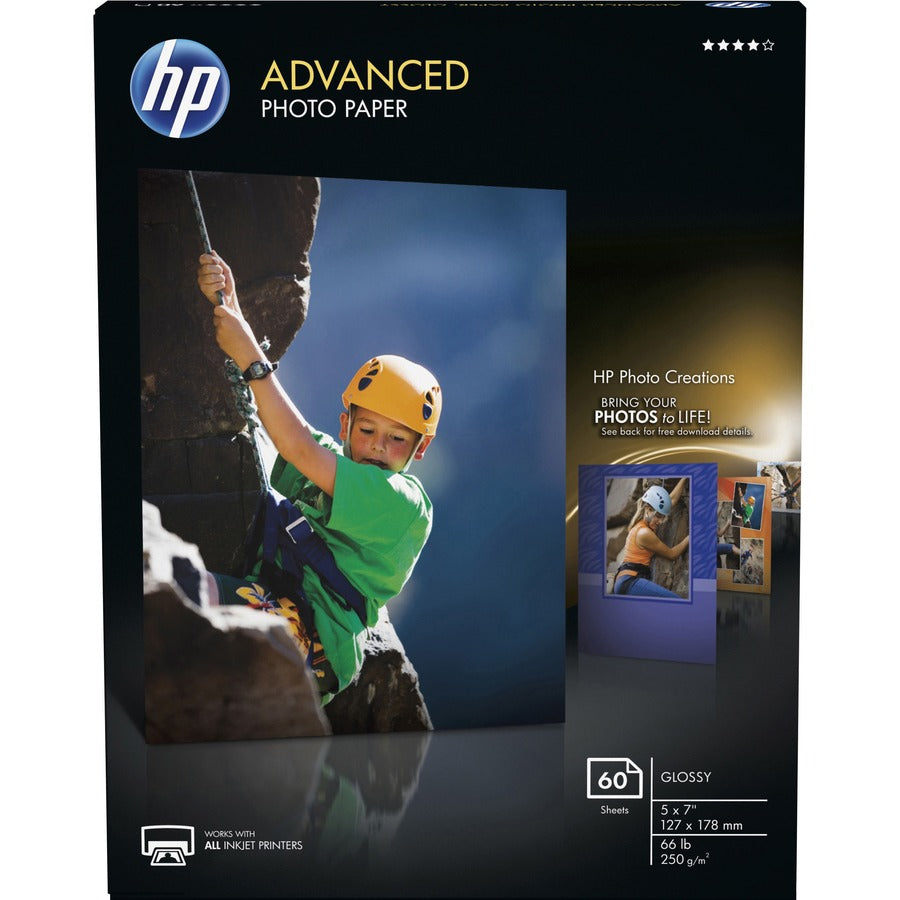 HP Advanced Photo Paper 5"x7" 66 lb Basis Weight Glossy 60 Pack White Q8690A