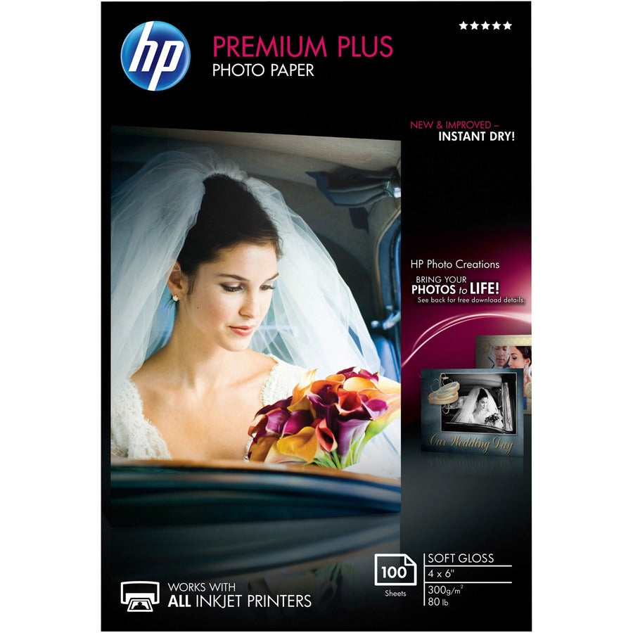 HP Premium Plus Photo Paper For Inkjet 4" x 6" 80 lb Soft Gloss White CR666A