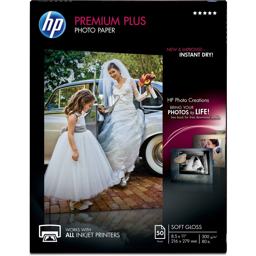 HP Premier Plus Inkjet Print Photo Paper 8 1/2" x 11" Soft Gloss 1/Pack White