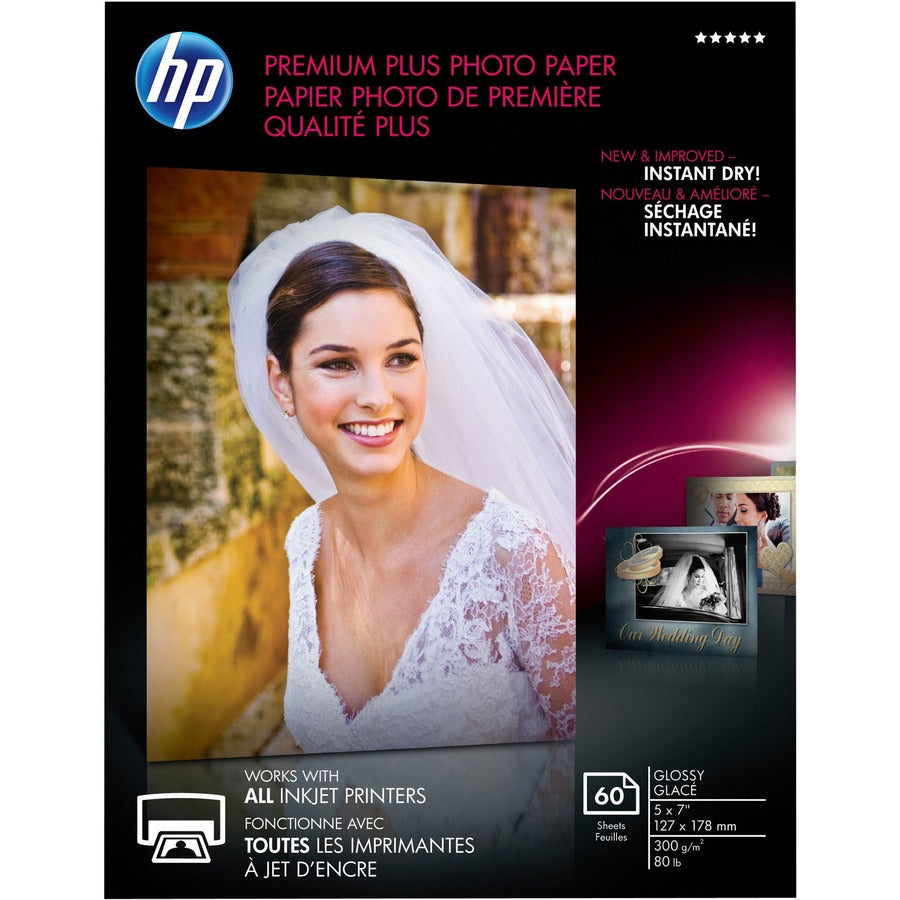 HP Premium Plus Photo Paper For Inkjet 5" x 7" 80 lb Glossy 60/Pack CR669A