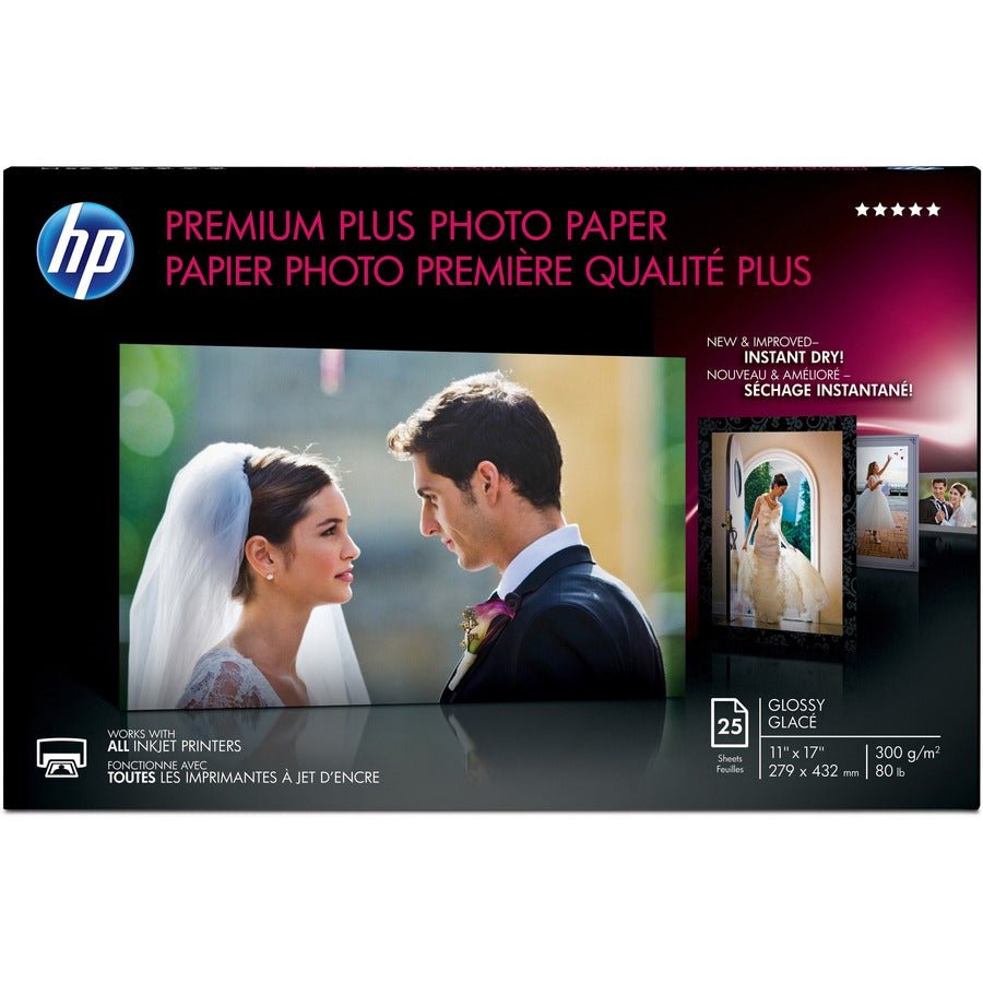 HP Premium Plus Inkjet Print Photo Paper 11"x17" Glossy 25/Pack White Q8000A